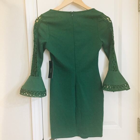 LULUS Emerald Green Bell Sleeve Mini Bodycon Cutout Dress XS Fitted NEW - Picture 8 of 11